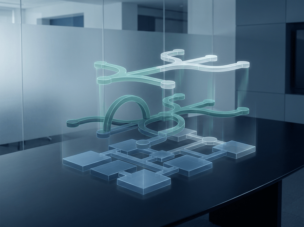 Strategy room with subtle phased AI implementation roadmap overlays