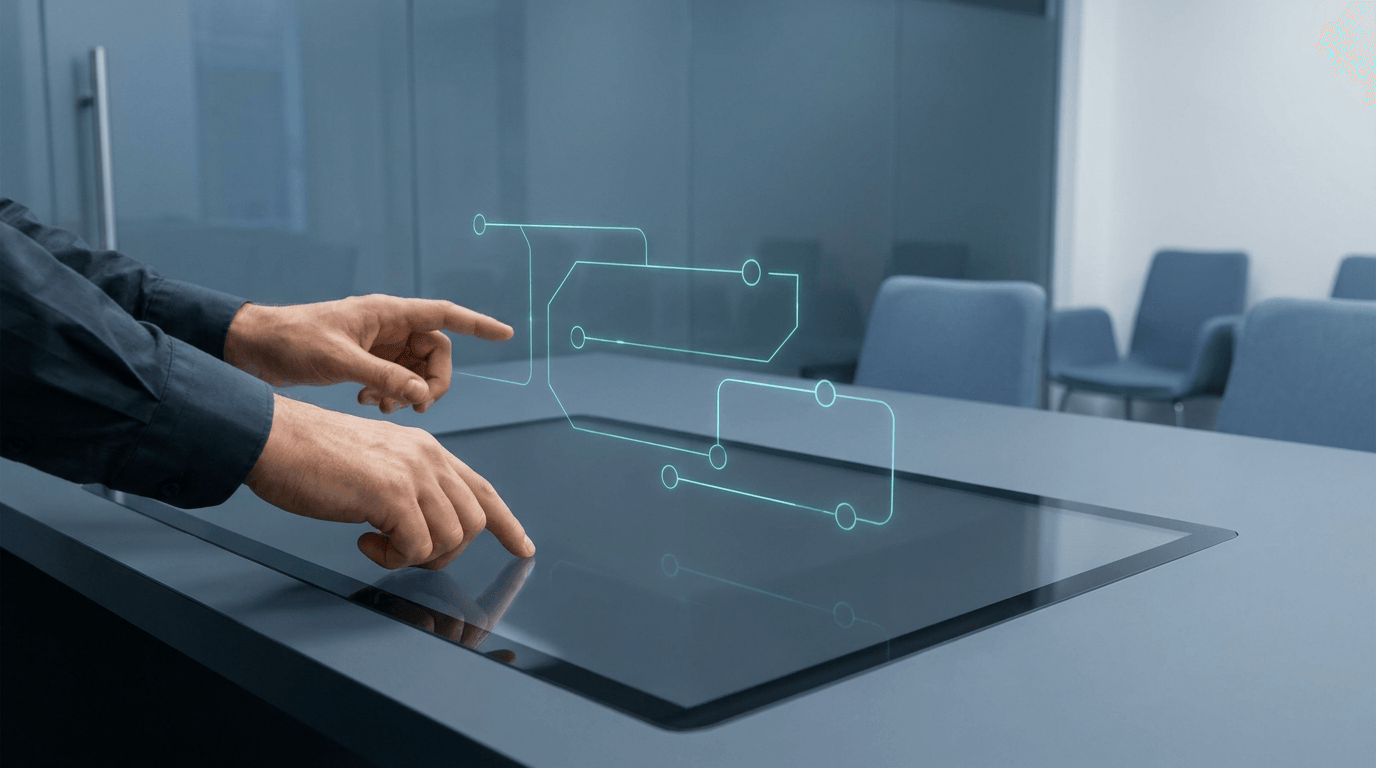 Training desk with subtle AI prompt and refinement pathways
