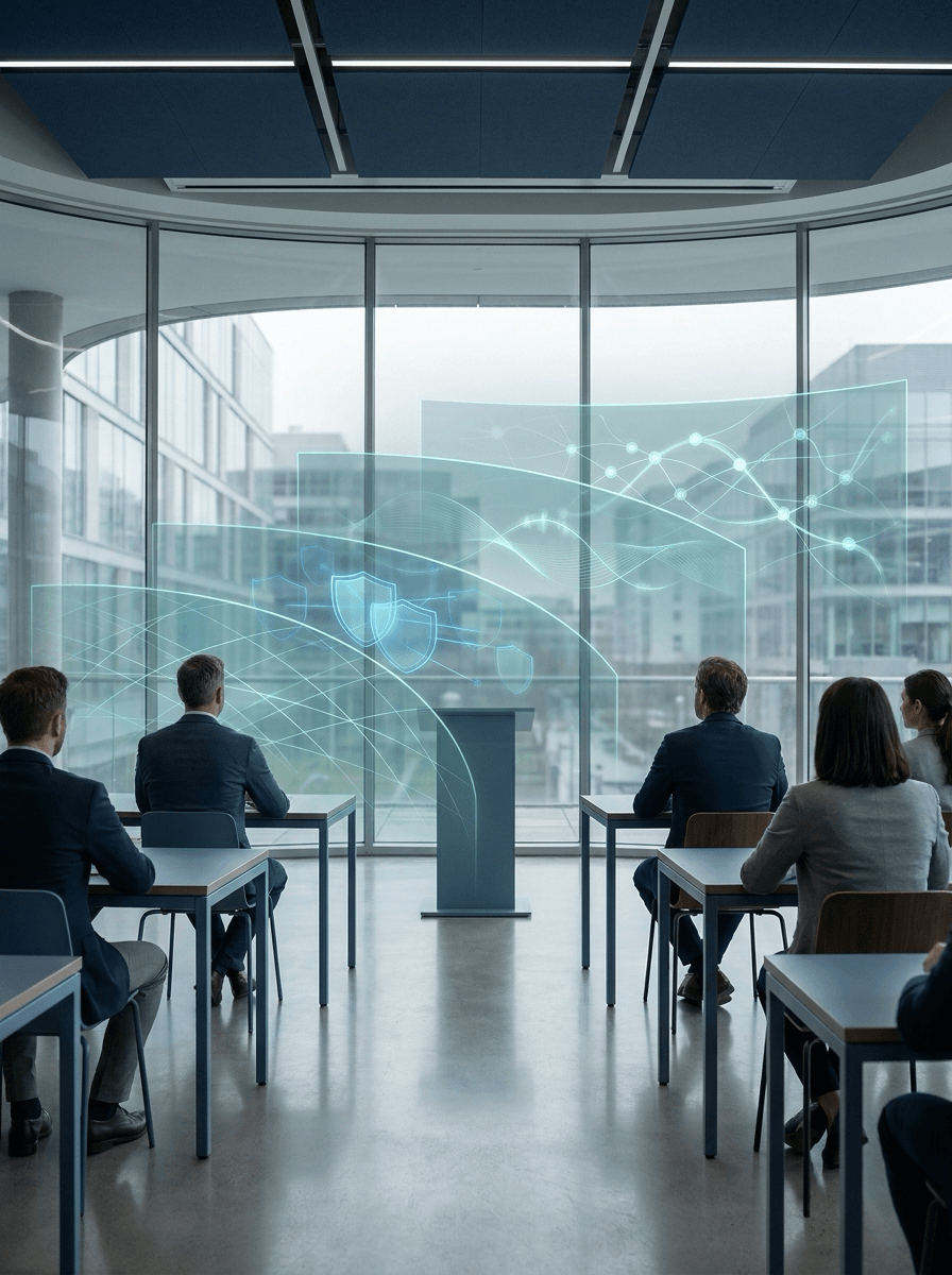 Workshop room with subtle AI session path overlays