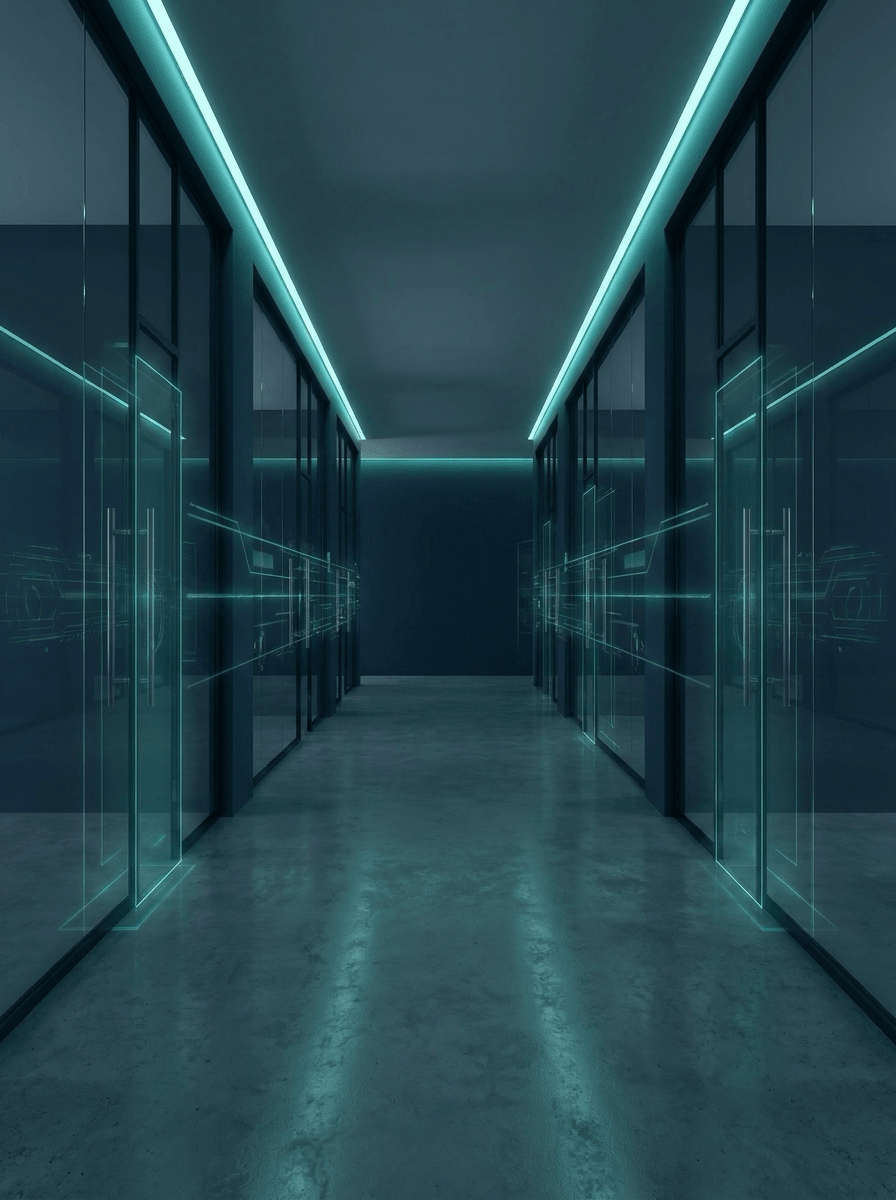 Vertical secure office corridor with holographic AI guardrail controls