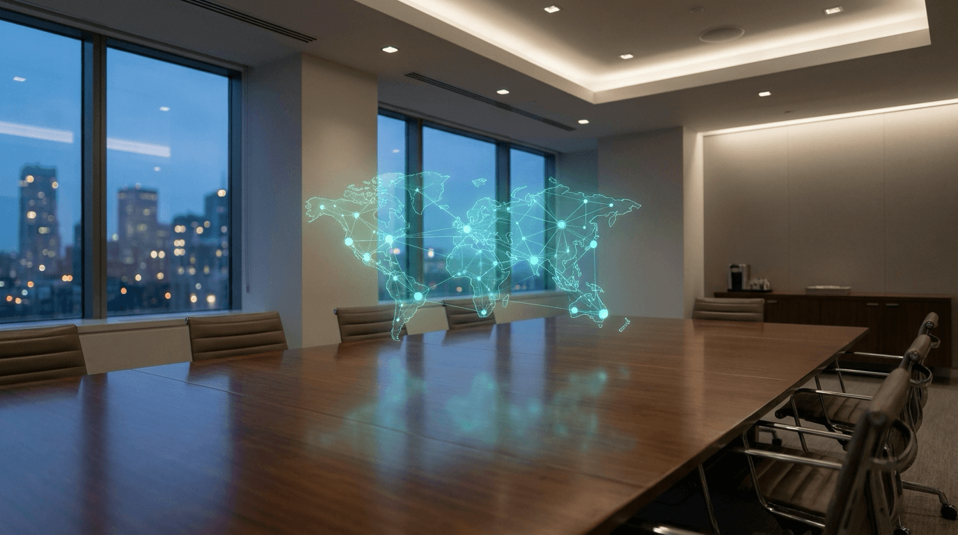 Executive boardroom with holographic AI strategy network