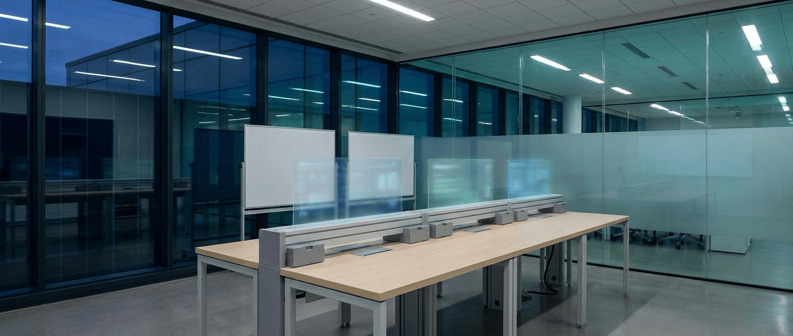 Innovation lab with holographic AI application panels
