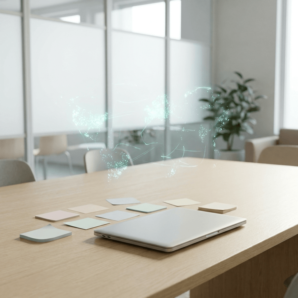 Workshop table with holographic AI opportunity map